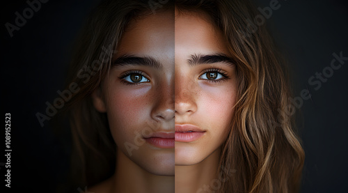 A striking portrait showcasing a young person's face split down the middle, highlighting contrasting features and expressions against a dark background.