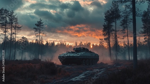 Military Tank in a Misty Forest at Sunset: A Powerful Image of Nature and Warfare. photo