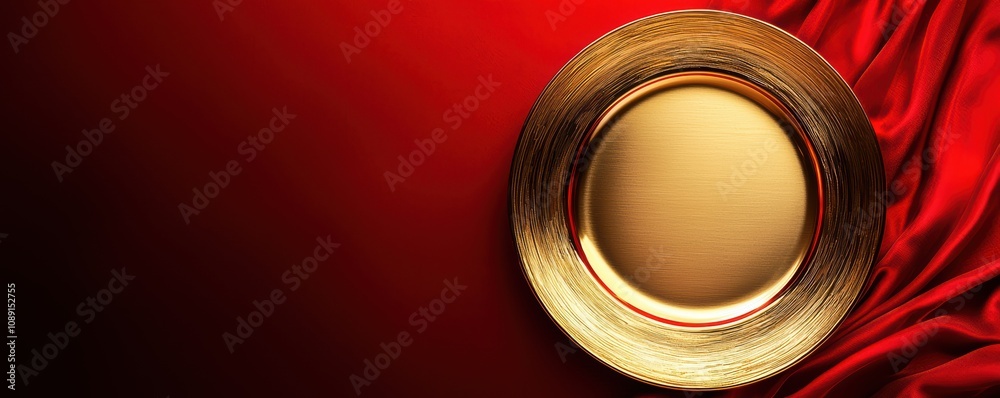 Elegant gold plate on rich red fabric, perfect for showcasing gourmet dishes or special dining events.