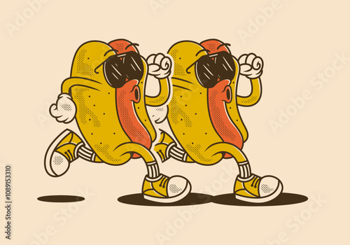 Vintage retro character of two hot dog in running pose