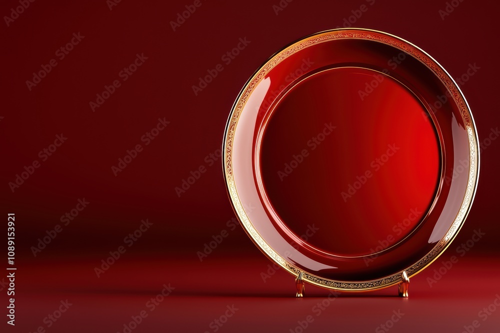 Elegant red plate with a golden rim showcased against a matching background for culinary presentation. Elegant red plate with a golden rim showcased against a matching background for culinary presentation.