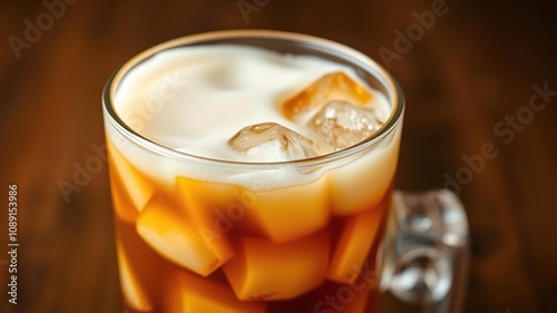 Freshly brewed iced coffee with creamy milk floating on top of a glass filled with ice cubes, cold brew coffee, summer sipper, beverage photo