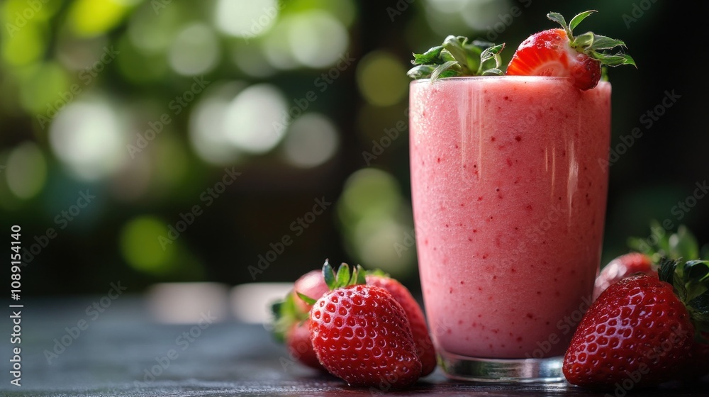 Strawberry Smoothie on Table with Green Background Strawberry Smoothie on Table with Green Background