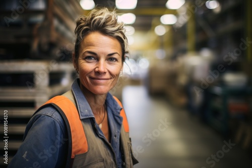 Portrait of a joyful middle aged female warehouse worker