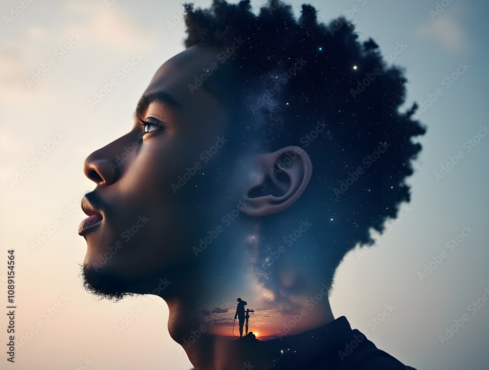 A photorealistic young black double exposure of a man's profile with galaxies and nebulae gently blending with his hair and skin creating A photorealistic young black double exposure of a man's profile with galaxies and nebulae gently blending with his hair and skin creating