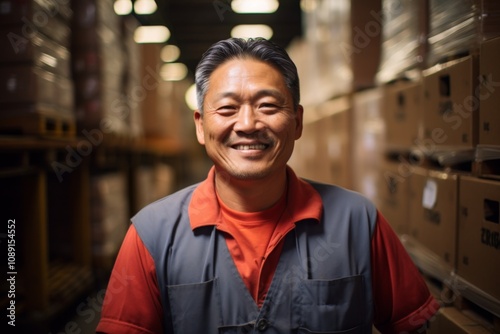 Portrait of a joyful middle aged Asian male warehouse worker