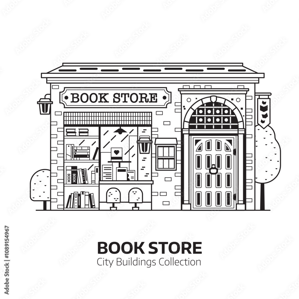 Public Book Store Building in Line Art