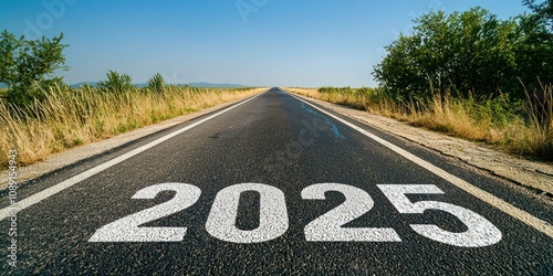 "Goal 2025" painted in bold white letters on an empty road stretching into the horizon, with a clear blue sky above, symbolizing ambition and progress.