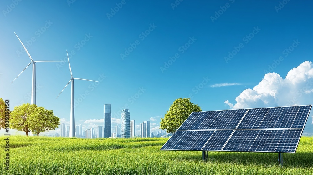 Renewable energy action solar panels and wind turbines urban landscape nature bright daylight sustainable future