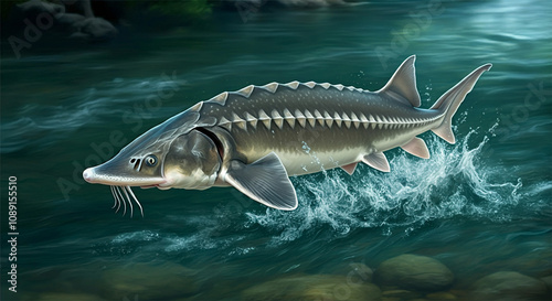 White Sturgeon Fish in the Water, Stream or River, Isolated Nature Wildlife Fishing Angler Illustration