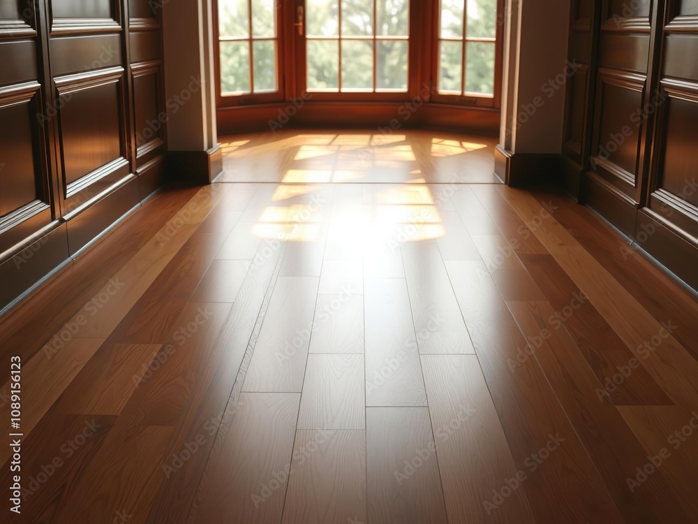 Fototapeta premium Wooden floor with high-gloss finish and natural light, hardwood floor, reflective surfaces, high-gloss finish