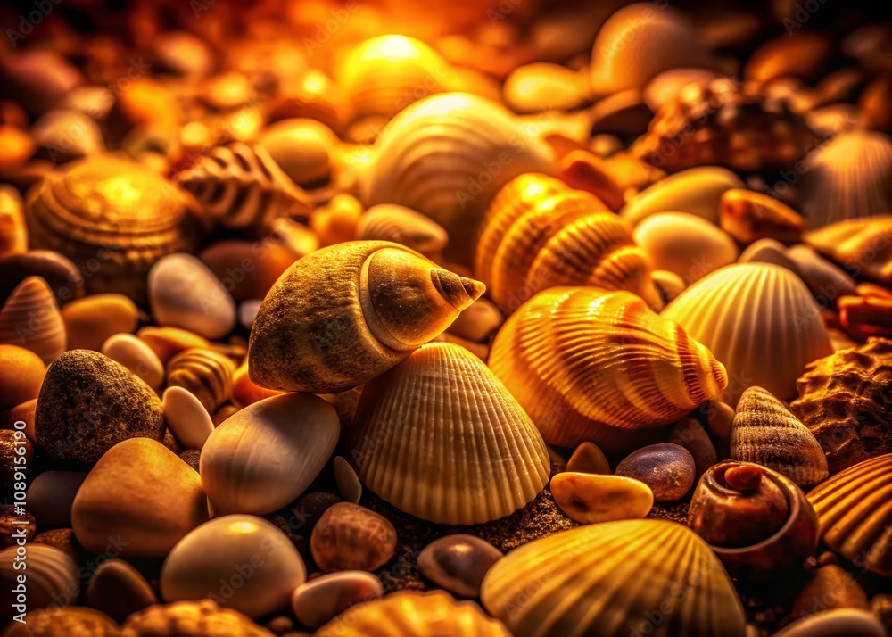 Close-Up of Beach Pebbles and Shells in Sepia Tone Night Photography Capturing Detailed Textures of Nature's Artistry on the Shoreline Close-Up of Beach Pebbles and Shells in Sepia Tone Night Photography Capturing Detailed Textures of Nature's Artistry on the Shoreline