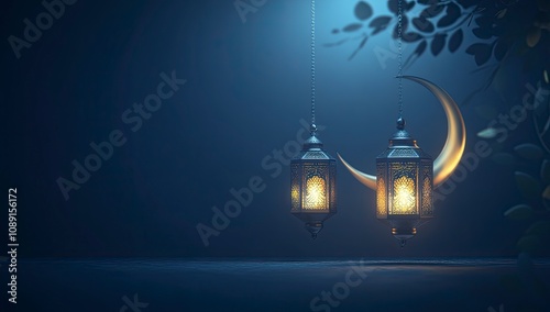 Elegant Ramadan Kareem Greeting Background with crescent moon and lanterns vector Illustration on dark blue background, sharp focus, high resolution digital photography, generative ai