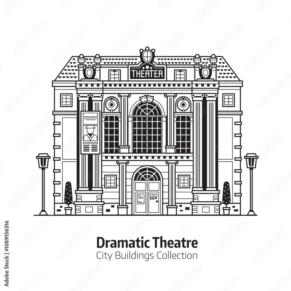 Dramatic Theater Building in Line Art