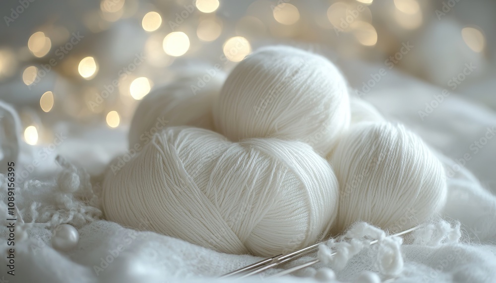 Cozy balls of white yarn on soft fabric, surrounded by warm bokeh lighting, perfect for crafting inspiration. Cozy balls of white yarn on soft fabric, surrounded by warm bokeh lighting, perfect for crafting inspiration.