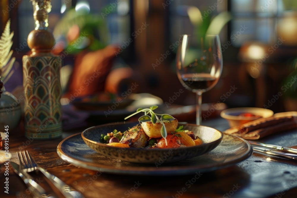 High end restaurant interior showcasing beautifully plated gourmet High end restaurant interior showcasing beautifully plated gourmet