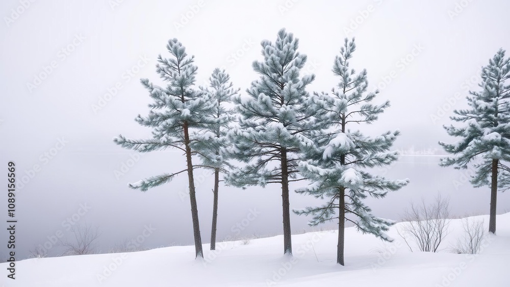 Pine trees swaying gently in the cold winter breeze against a backdrop of a serene and calm lake covered in a thick layer of snow, frozen, gentle, serene Pine trees swaying gently in the cold winter breeze against a backdrop of a serene and calm lake covered in a thick layer of snow, frozen, gentle, serene