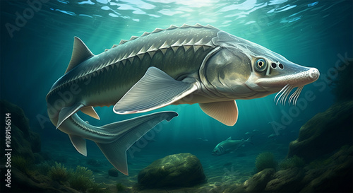 White Sturgeon Fish in the Water, Stream or River, Isolated Nature Wildlife Fishing Angler Illustration