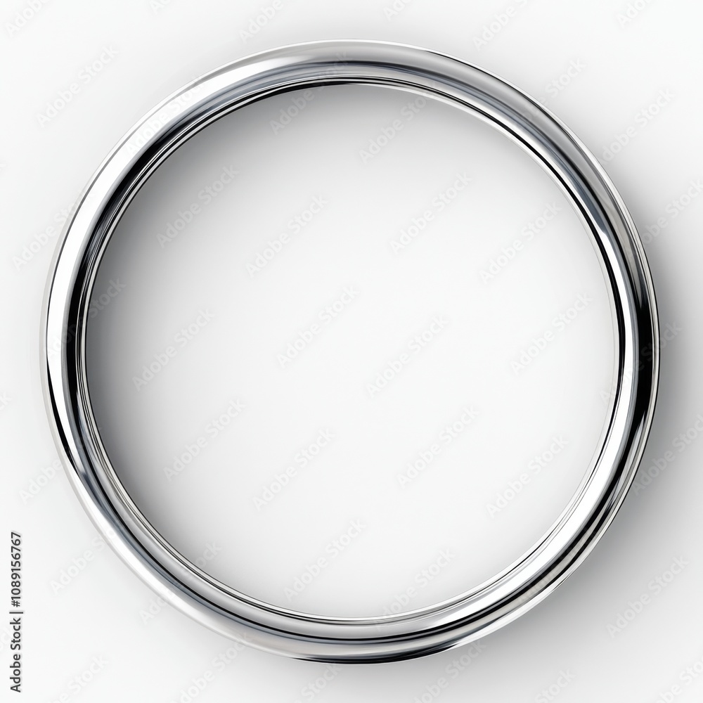 Circular metallic object with silver color on white background in minimalist design, featuring a smooth shiny surface and curved line. Circular metallic object with silver color on white background in minimalist design, featuring a smooth shiny surface and curved line.