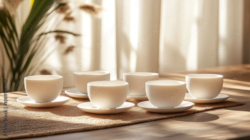 Six white ceramic teacups and saucers on a wooden table Six white ceramic teacups and saucers on a wooden table