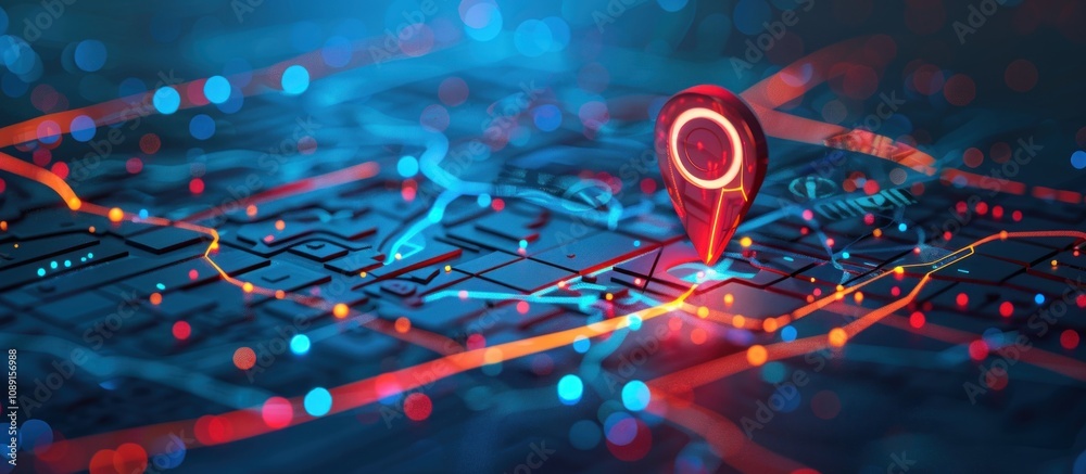 Red Location Pin on a Blue and Red Circuit Board Red Location Pin on a Blue and Red Circuit Board