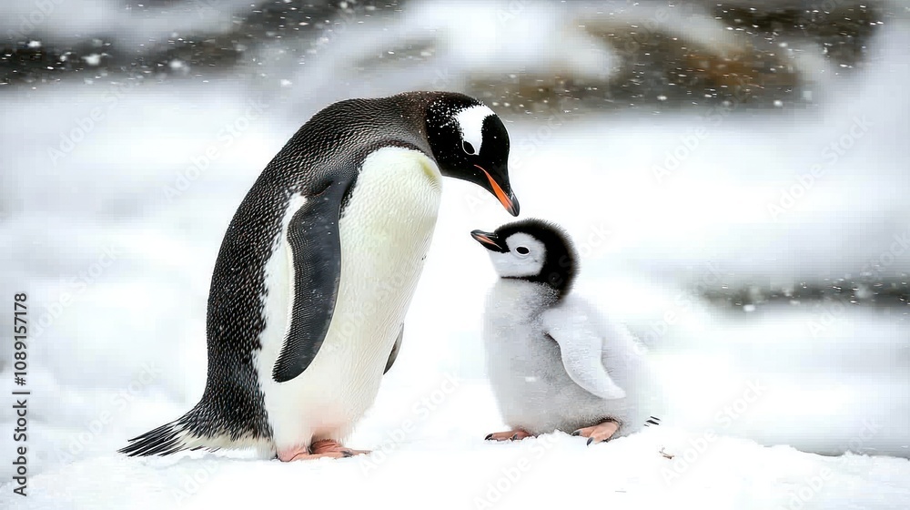 Obraz premium Baby Penguin and Parent Bonding on a Snowy Shore