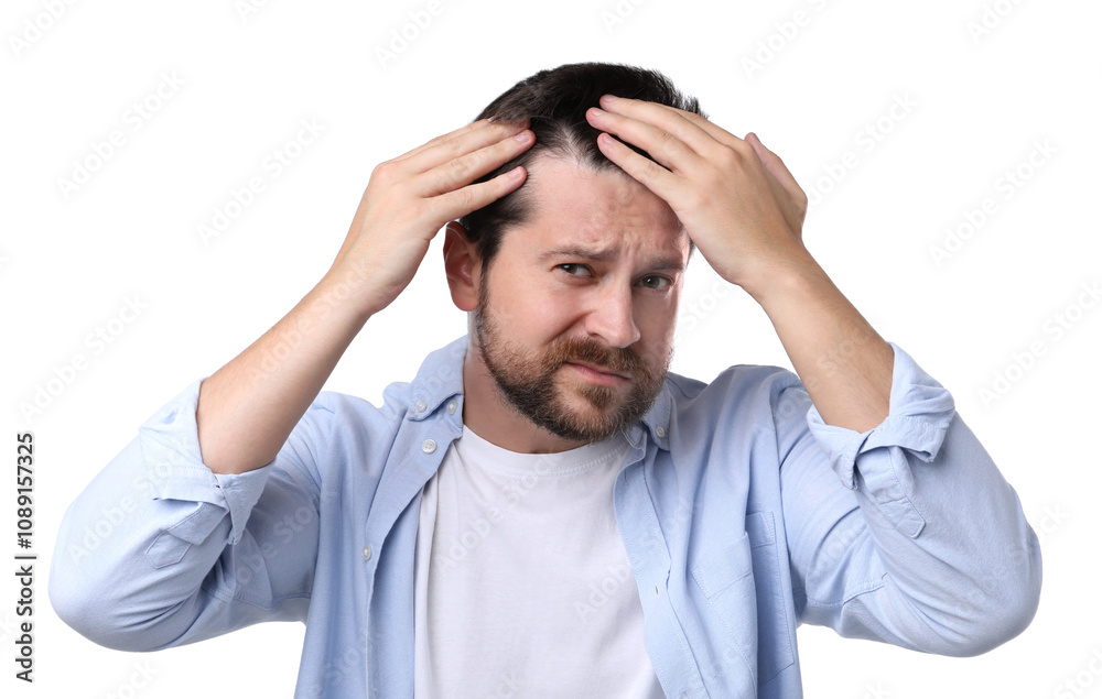 Man with hair loss problem on white background Man with hair loss problem on white background