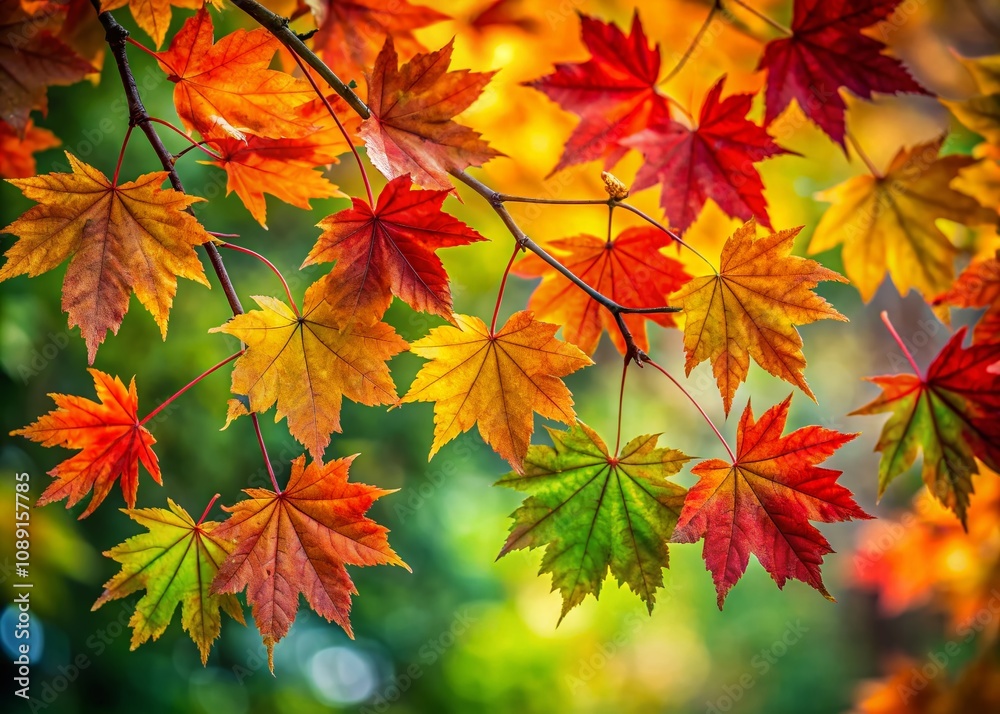 Close-Up of Vibrant Autumn Maple Leaves in Red, Orange, Yellow, and Green Against Tree Branches, Capturing the Beauty of Fall Foliage in Nature's Palette Close-Up of Vibrant Autumn Maple Leaves in Red, Orange, Yellow, and Green Against Tree Branches, Capturing the Beauty of Fall Foliage in Nature's Palette