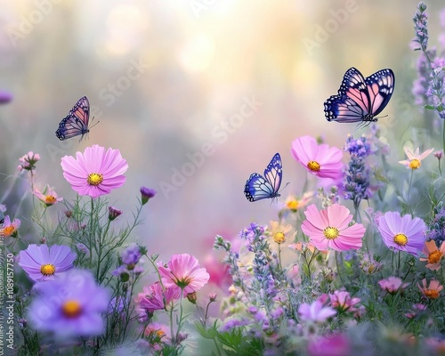 A serene scene filled with vibrant flowers and delicate butterflies, capturing the essence of nature's beauty in a soft, dreamy light. photo