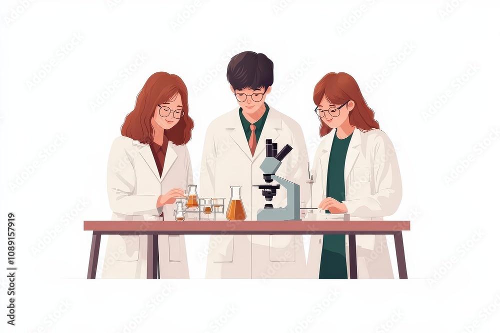 Three Scientists Working in a Laboratory, Engaged in Experimentation with Beakers and a Microscope, Collaborating on Innovative Research in Science Three Scientists Working in a Laboratory, Engaged in Experimentation with Beakers and a Microscope, Collaborating on Innovative Research in Science
