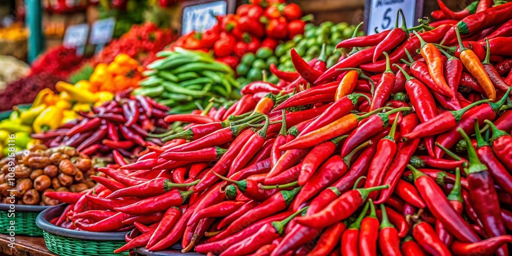 Close-Up Panoramic View of Vibrant Red Hot Chili Peppers in a Lively Street Vegetable Market, Ideal for Culinary and Food Photography Backgrounds Close-Up Panoramic View of Vibrant Red Hot Chili Peppers in a Lively Street Vegetable Market, Ideal for Culinary and Food Photography Backgrounds