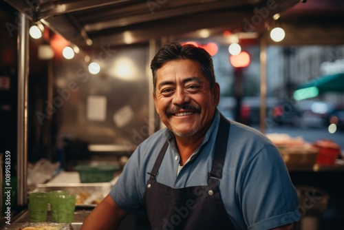 Smiling portrait of a middle aged Mexican man working at food truck