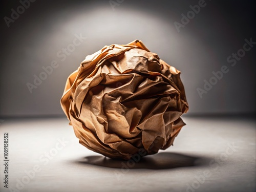 Close-up Silhouette of a Crumpled Brown Paper Ball on a Clean White Background for Creative and Artistic Uses in Photography and Design Projects photo