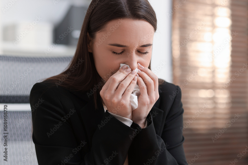 Sick woman with runny nose in office, space for text Sick woman with runny nose in office, space for text