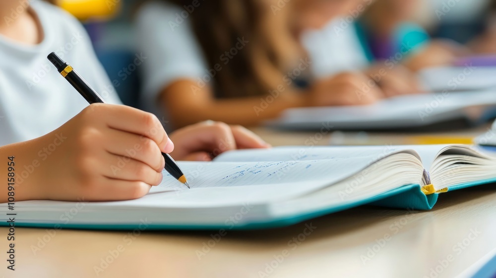 Close-up of a small schoolgirl's hand, writing in a notebook while sitting at a desk in a classroom