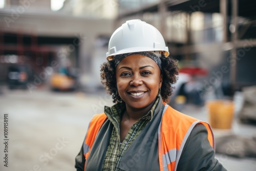 Smiling portrait of a middle aged businesswoman on construction site