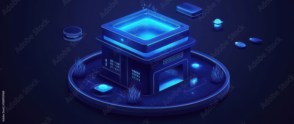 A futuristic, glowing structure with a pool and surrounding elements in a dark environment. A futuristic, glowing structure with a pool and surrounding elements in a dark environment.