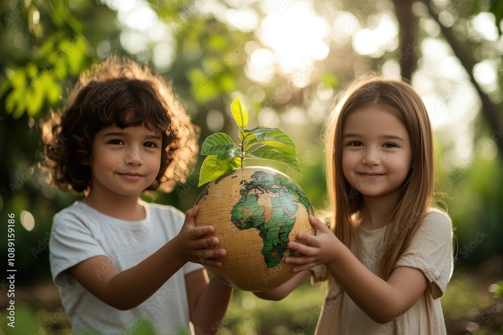 Two Children Holding a Globe with an Emerging Plant Symbolizing Environmental Awareness and Global Unity in a Natural Setting Two Children Holding a Globe with an Emerging Plant Symbolizing Environmental Awareness and Global Unity in a Natural Setting