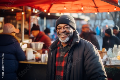 Smiling portrait of a middle aged African American food truck owner