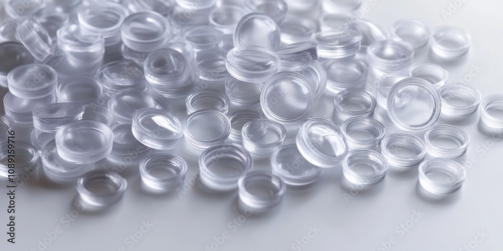 Shiny plastic round objects scattered on white surface, some with holes, creating a vibrant and dynamic composition. Shiny plastic round objects scattered on white surface, some with holes, creating a vibrant and dynamic composition.