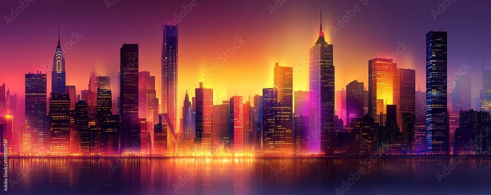 Fototapeta premium A stunning panorama of a city skyline at dusk, showcasing illuminated skyscrapers reflecting a mix of vibrant colors in the sky. An enchanting blend of urban beauty.