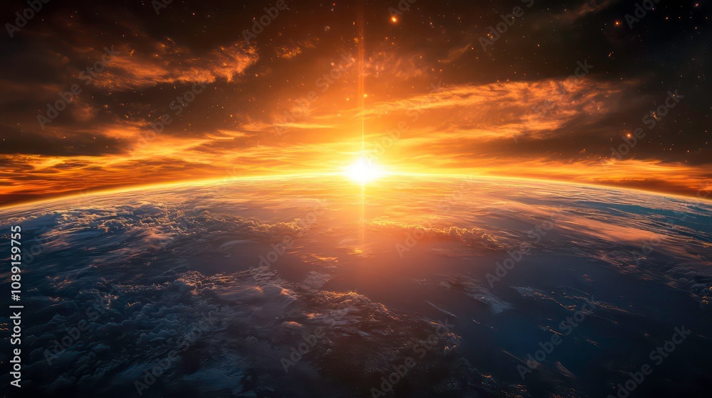 A stunning sunrise over Earth, with clouds and stars in the background. A stunning sunrise over Earth, with clouds and stars in the background.