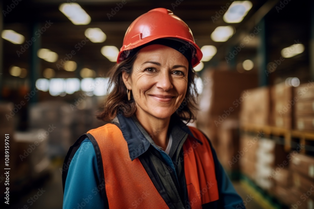 Portrait of a joyful middle aged female warehouse worker Portrait of a joyful middle aged female warehouse worker