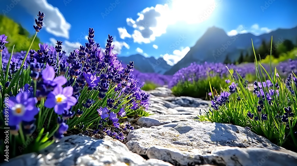 Obraz premium Vibrant Lavender Field Mountain Landscape Sunny Day