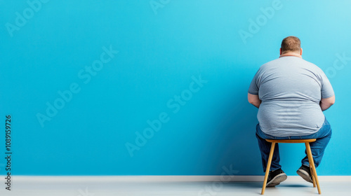 Corpulent man sitting on chair against bright blue wall in relaxed posture. Generative AI