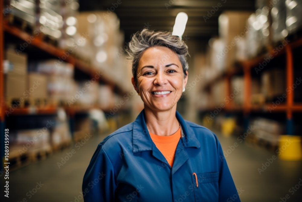 Fototapeta premium Portrait of a joyful middle aged female warehouse worker