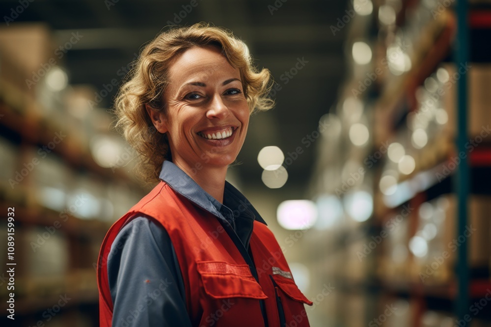 Fototapeta premium Portrait of a joyful middle aged female warehouse worker