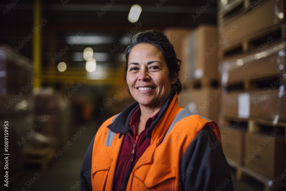 Fototapeta premium Portrait of a joyful middle aged female warehouse worker