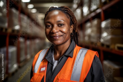 Portrait of a joyful middle aged female warehouse worker