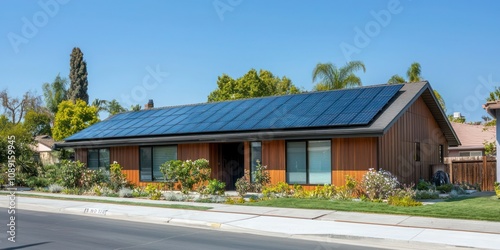 Minimalist modern home with solar panels covering the roof, located in a suburban neighborhood with clear blue skies.